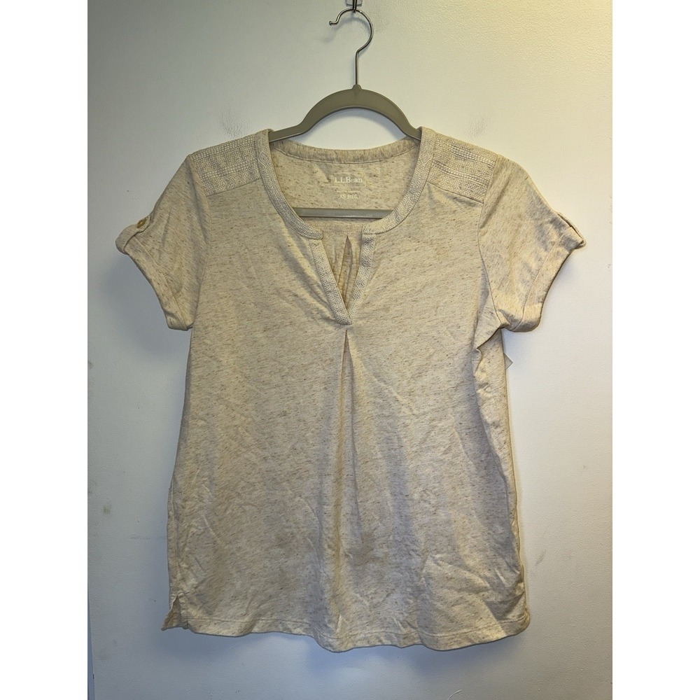 L.L. Bean Tee Top Smocked Notch-Neck Heathered Oat Cream XS Cotton